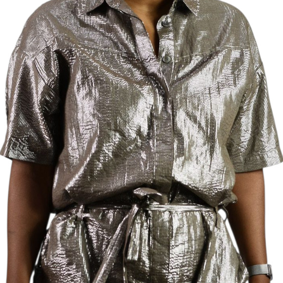 Xirena Theo Metallic Jumpsuit Brown Metallic Shimmer Cotton Lurex Belted Small - Picture 4 of 16